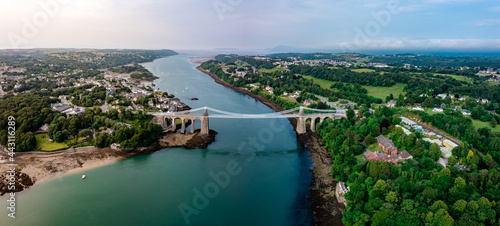 Aerial view of Telford's Suspension Bridge Across The Menai Starights - Wales, UK.