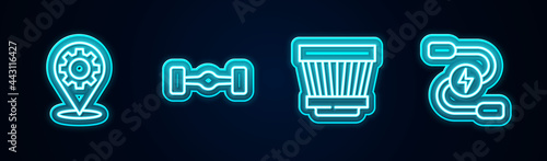 Set line Car service, Chassis car, air filter and battery jumper power cable. Glowing neon icon. Vector