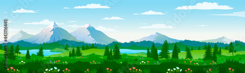 Panoramic view of large mountains, beautiful meadows with flowers. Flat cartoon landscape with nature. Stock vector illustration. EPS 10. Cartoon flat panorama of spring summer beautiful nature.