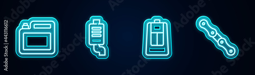 Set line Canister for motor oil, Car muffler, key with remote and chain. Glowing neon icon. Vector