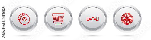 Set line Car brake disk with caliper, air filter, Chassis car and Alloy wheel. Silver circle button. Vector