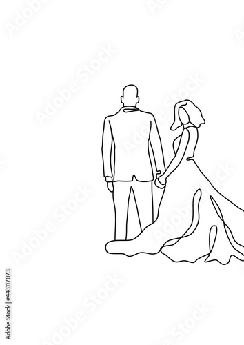 One continuous line drawing,  of newlyweds holding hands taking pre-wedding