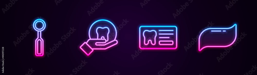 Set line Dental inspection mirror, Tooth, card and Toothpaste. Glowing neon icon. Vector Set line Dental inspection mirror, Tooth, card and Toothpaste. Glowing neon icon. Vector