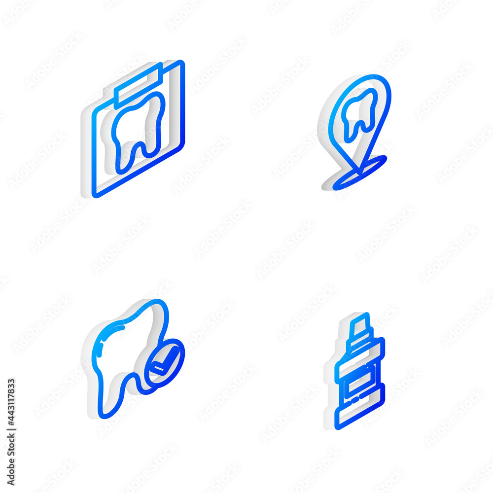 Set Isometric line Dental clinic location, X-ray of tooth, Tooth whitening concept and Mouthwash bottle icon. Vector Set Isometric line Dental clinic location, X-ray of tooth, Tooth whitening concept and Mouthwash bottle icon. Vector