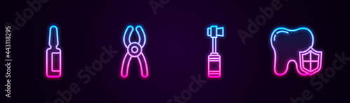 Set line Painkiller tablet, Dental pliers, Toothbrush and protection. Glowing neon icon. Vector