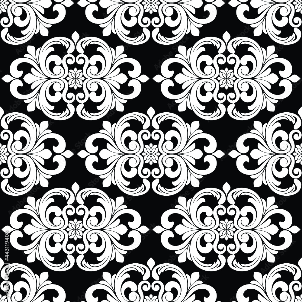 Wallpaper in Baroque style, damask. A seamless vector background. Black and white texture Floral ornament. Wallpaper in Baroque style, damask. A seamless vector background. Black and white texture Floral ornament.