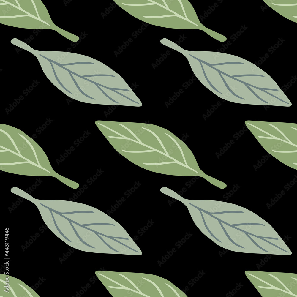 Minimalistic nature seamless pattern with green and blue pastel leaves shapes. Black background.