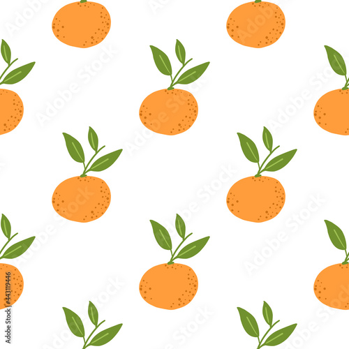 Decorative citrus seamless pattern with orange mandarin print with leaves. Isolated exotic fruit backdrop.