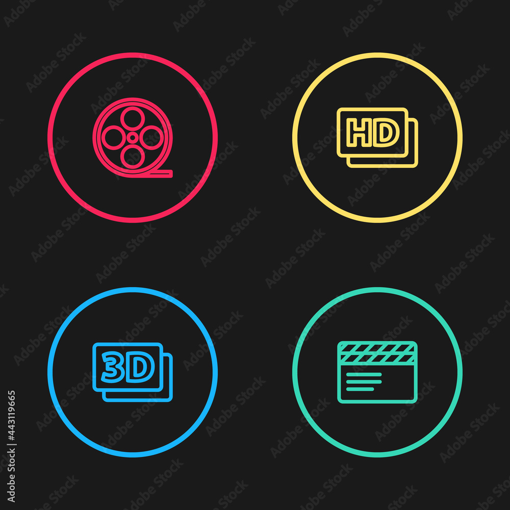 Set line 3D word, Movie clapper, Hd movie, tape, frame and Film reel icon. Vector