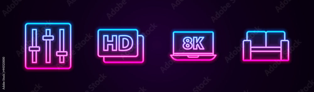 Set line Sound mixer controller, Hd movie, tape, frame, Laptop with 8k and Cinema chair. Glowing neon icon. Vector Set line Sound mixer controller, Hd movie, tape, frame, Laptop with 8k and Cinema chair. Glowing neon icon. Vector
