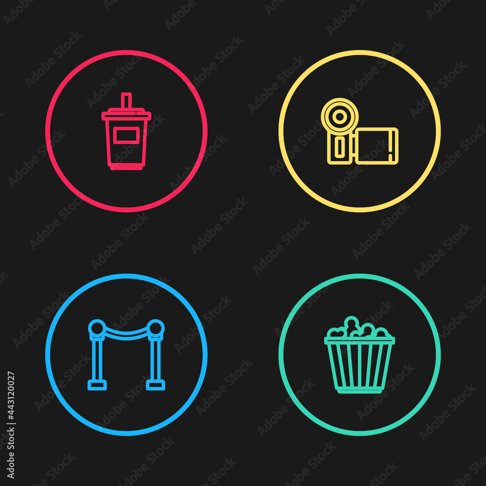 Set line Rope barrier, Popcorn in box, Cinema camera and Paper glass with water icon. Vector Set line Rope barrier, Popcorn in box, Cinema camera and Paper glass with water icon. Vector