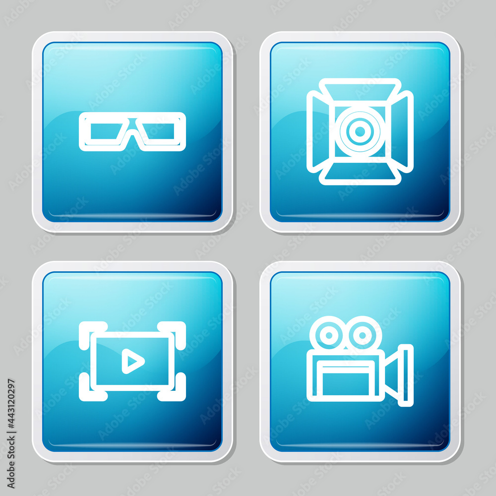 Set line 3D cinema glasses, Movie spotlight, Online play video and Cinema camera icon. Vector