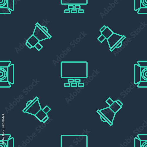 Set line Cinema auditorium with seats, Megaphone and Movie spotlight on seamless pattern. Vector