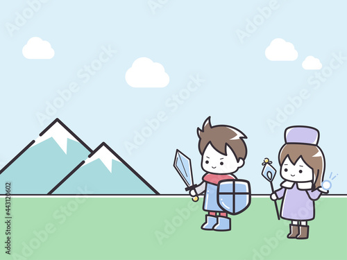 シンプルな線の勇者とヒーラーのイラスト_ゲーム_RPG