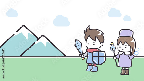 シンプルな線の勇者とヒーラーのイラスト_ゲーム_RPG_16:9