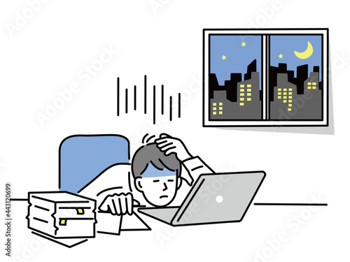 残業する男性のイラスト(仕事、ビジネス、資料作成、会議、疲れ、忙しい、イライラ、失敗、多忙) Illustrations of men working overtime . work, business, materials preparation, meetings, fatigue, busyness, irritation
