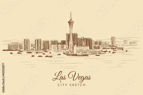 City sketch with skyscrapers and buildings, Las Vegas, USA, hand-drawn.