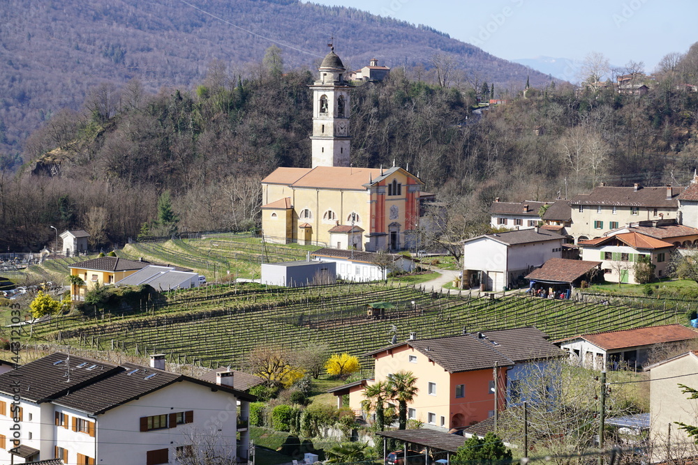 panoramic view of the church in the village of Sessa, Ticino in the mountains