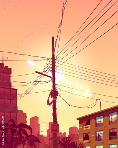 View of the Indian city. Sunset in the big city. Dangerous area of the city. Realistic illustration. Vector city landscape illustration. EPS 10.