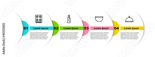 Set line Gas stove, Bottle of olive oil, Bowl and Covered with tray. Business infographic template. Vector