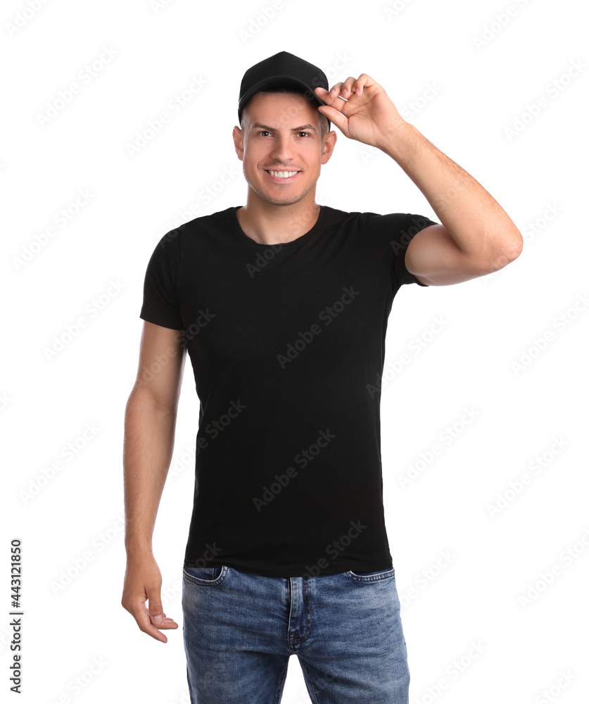 Happy man in black cap and tshirt on white background. Mockup for design Happy man in black cap and tshirt on white background. Mockup for design