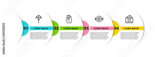 Set line Kite, Indian symbol hand, Chicken tikka masala and spice. Business infographic template. Vector