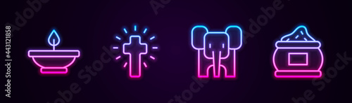 Set line Aroma lamp, Christian cross, Elephant and Indian spice. Glowing neon icon. Vector