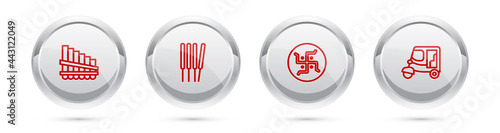 Set line Pan flute, Aroma sticks, incense, Hindu swastika and Taxi tuk tuk. Silver circle button. Vector
