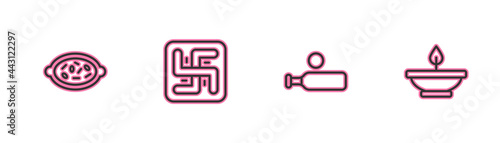 Set line Kheer in a bowl, Wood cricket bat and ball, Hindu swastika and Aroma lamp icon. Vector