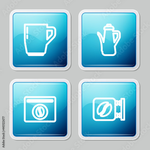 Set line Coffee cup  Teapot  Bag coffee beans and Street signboard icon. Vector