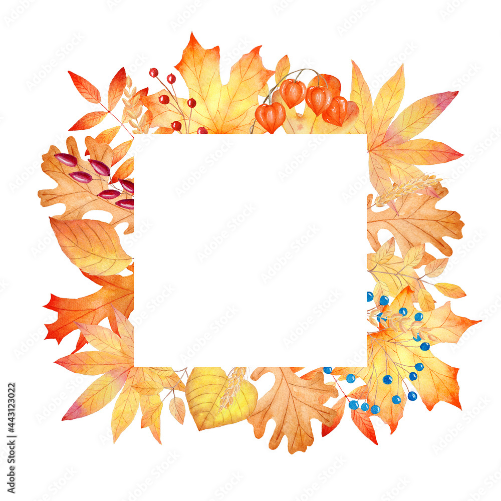 Watercolor orange fall leaves frame. Hand painted autumn illustration. Perfect for invitations.
