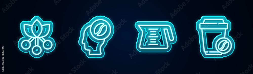 Set line Coffee bean, branch, Barista, pot and cup to go. Glowing neon icon. Vector Set line Coffee bean, branch, Barista, pot and cup to go. Glowing neon icon. Vector