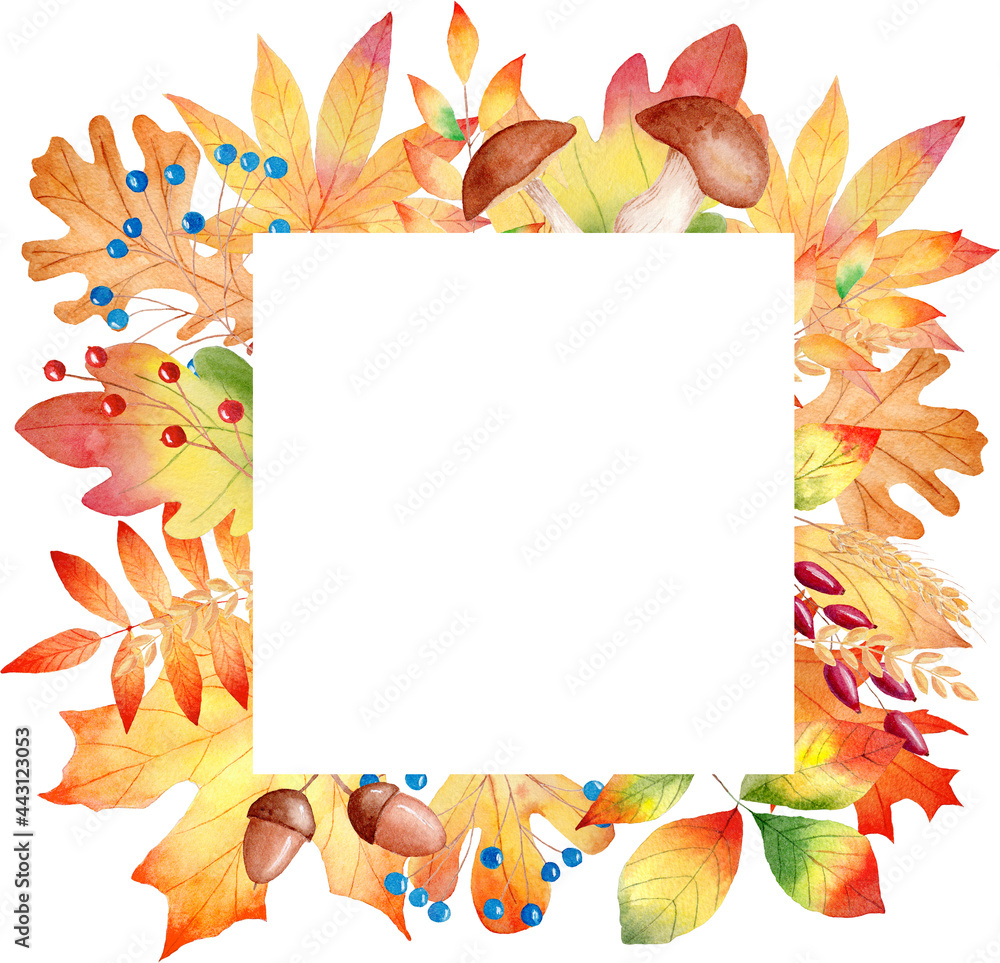 Fall orange leaves watercolor clipart frame. Hand drawn autumn illustration. Graphics for diy, scrapbooking.