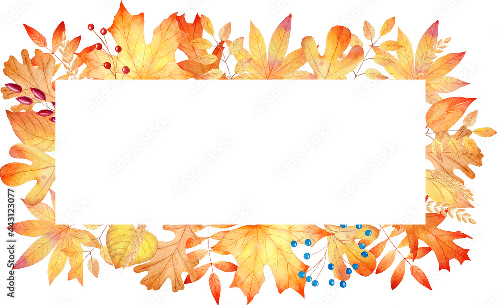 Autumn orange leaves frame watercolor clipart. Hand painted fall illustration. Graphics for invitations, greeting cards.