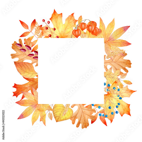 Obraz na płótnie Watercolor orange fall leaves frame. Hand painted autumn illustration. Perfect for invitations. w salonie