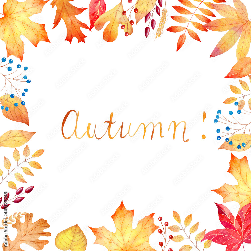 Watercolor autumn leaves frame isolated on white background. Fall clipart. Hand painted illustration.