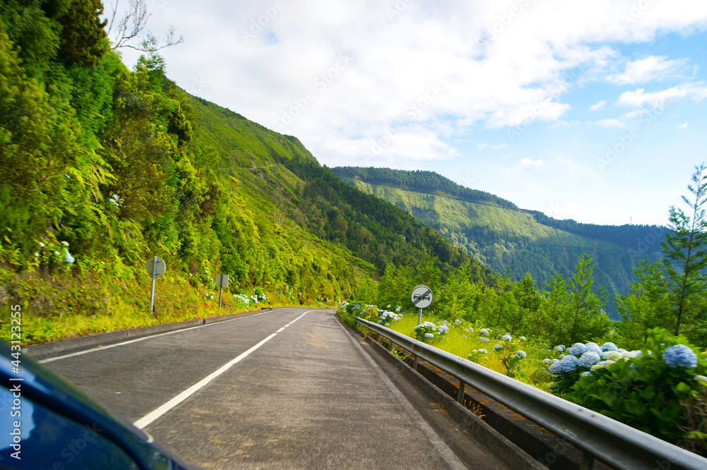 Lonely road to a green mountainous landscape in Sao Miguel, Azores.