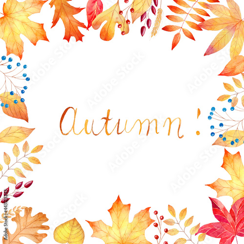 Obraz na płótnie Watercolor autumn leaves frame isolated on white background. Fall clipart. Hand painted illustration. w salonie