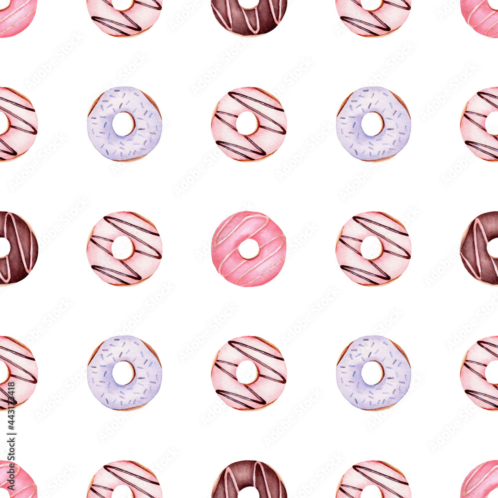 Donuts watercolor clipart seamless pattern. Hand painted digital paper.