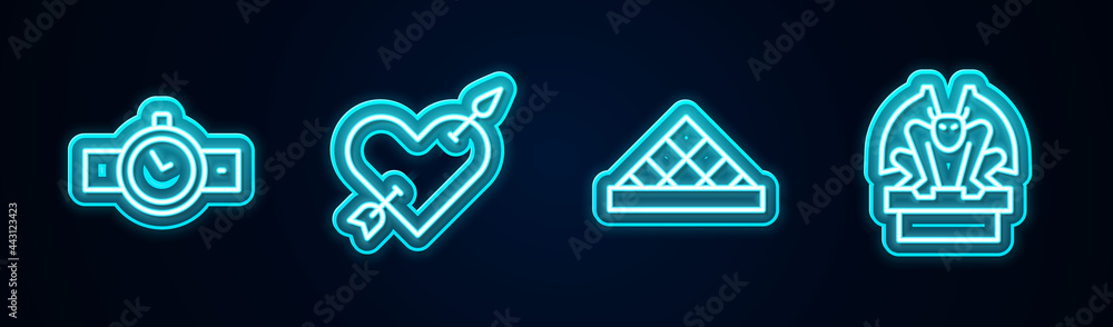 Set line Wrist watch, Amour with heart and arrow, Louvre museum and Gargoyle on pedestal. Glowing neon icon. Vector Set line Wrist watch, Amour with heart and arrow, Louvre museum and Gargoyle on pedestal. Glowing neon icon. Vector