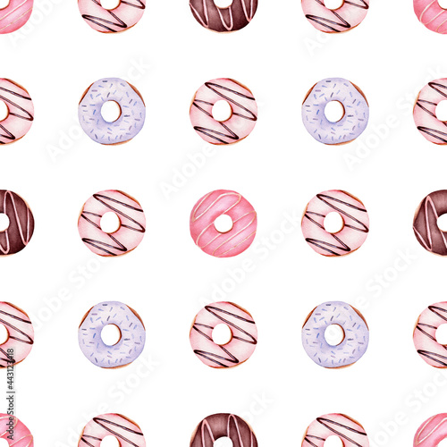 Obraz na płótnie Donuts watercolor clipart seamless pattern. Hand painted digital paper. w salonie