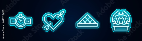 Set line Wrist watch, Amour with heart and arrow, Louvre museum and Gargoyle on pedestal. Glowing neon icon. Vector