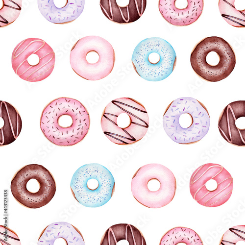 Obraz na płótnie Donuts watercolor clipart seamless pattern. Hand drawn digital paper. w salonie
