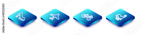 Set Isometric line Woman shoe, Plane, Bicycle and Rooster weather vane icon. Vector