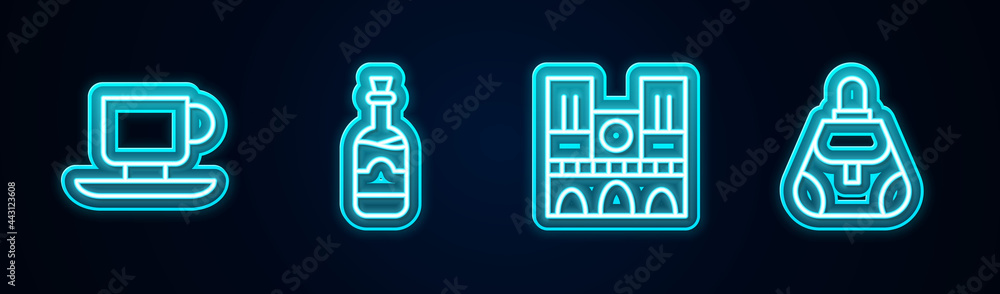 Set line Coffee cup, Bottles wine, Notre Dame and Handbag. Glowing neon icon. Vector Set line Coffee cup, Bottles wine, Notre Dame and Handbag. Glowing neon icon. Vector
