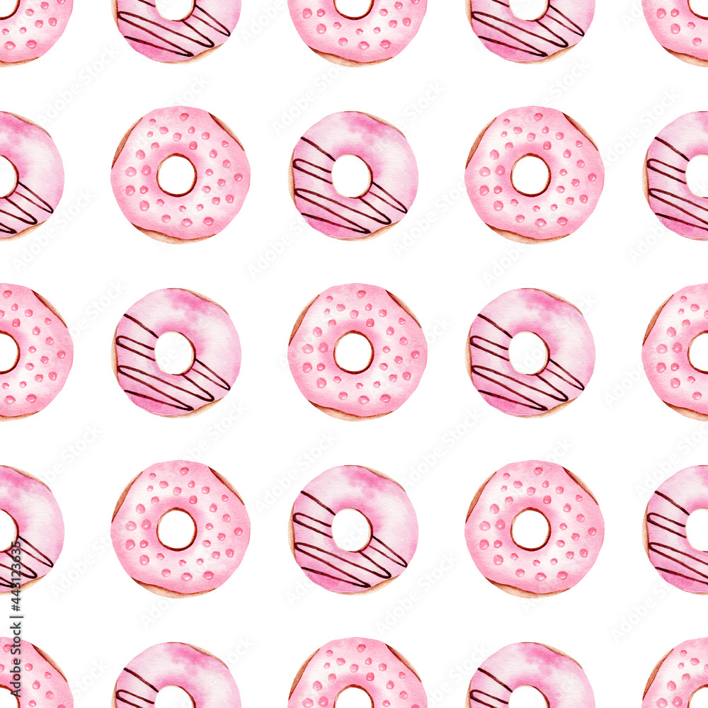 Donuts watercolor clipart seamless pattern. Hand painted digital paper.