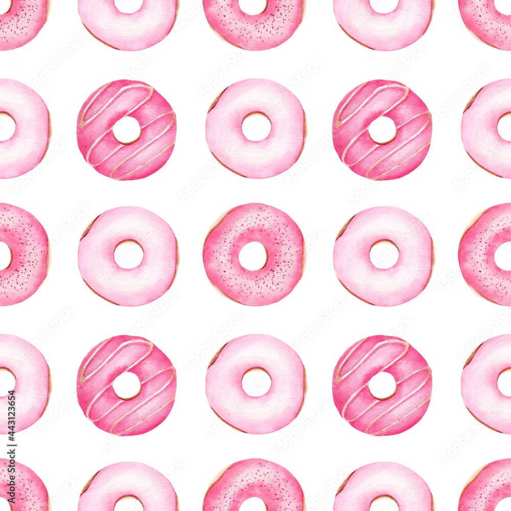 Seamless pattern donuts digital paper. Hand painted watercolor clipart isolated on white. Food graphics.