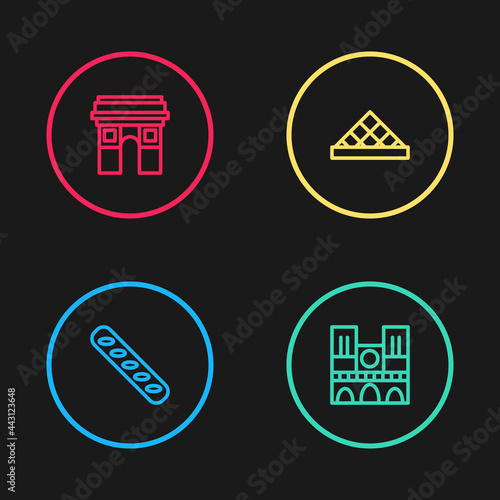 Set line French baguette bread, Notre Dame, Louvre museum and Triumphal Arch icon. Vector