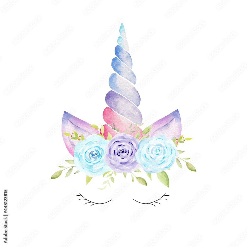 Unicorn head with ears, corn, lashes, flowers watercolor clipart. Hand drawn illustration.