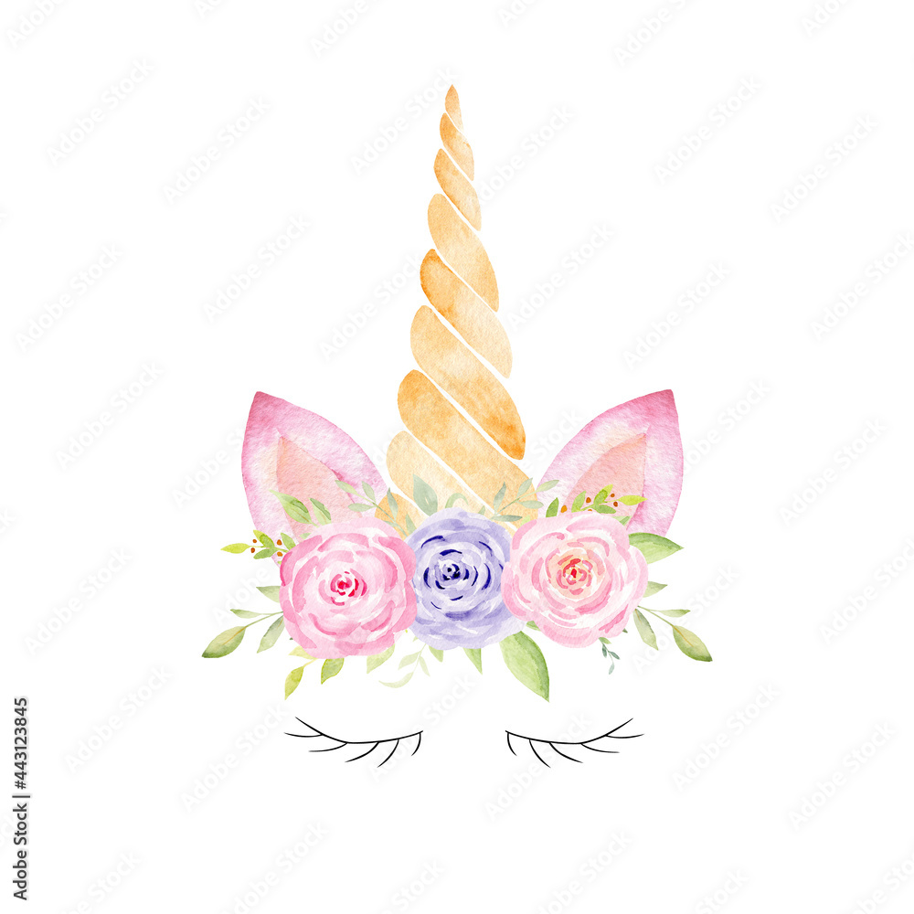 Unicorn head fantasy watercolor clipart. Hand drawn illustration.